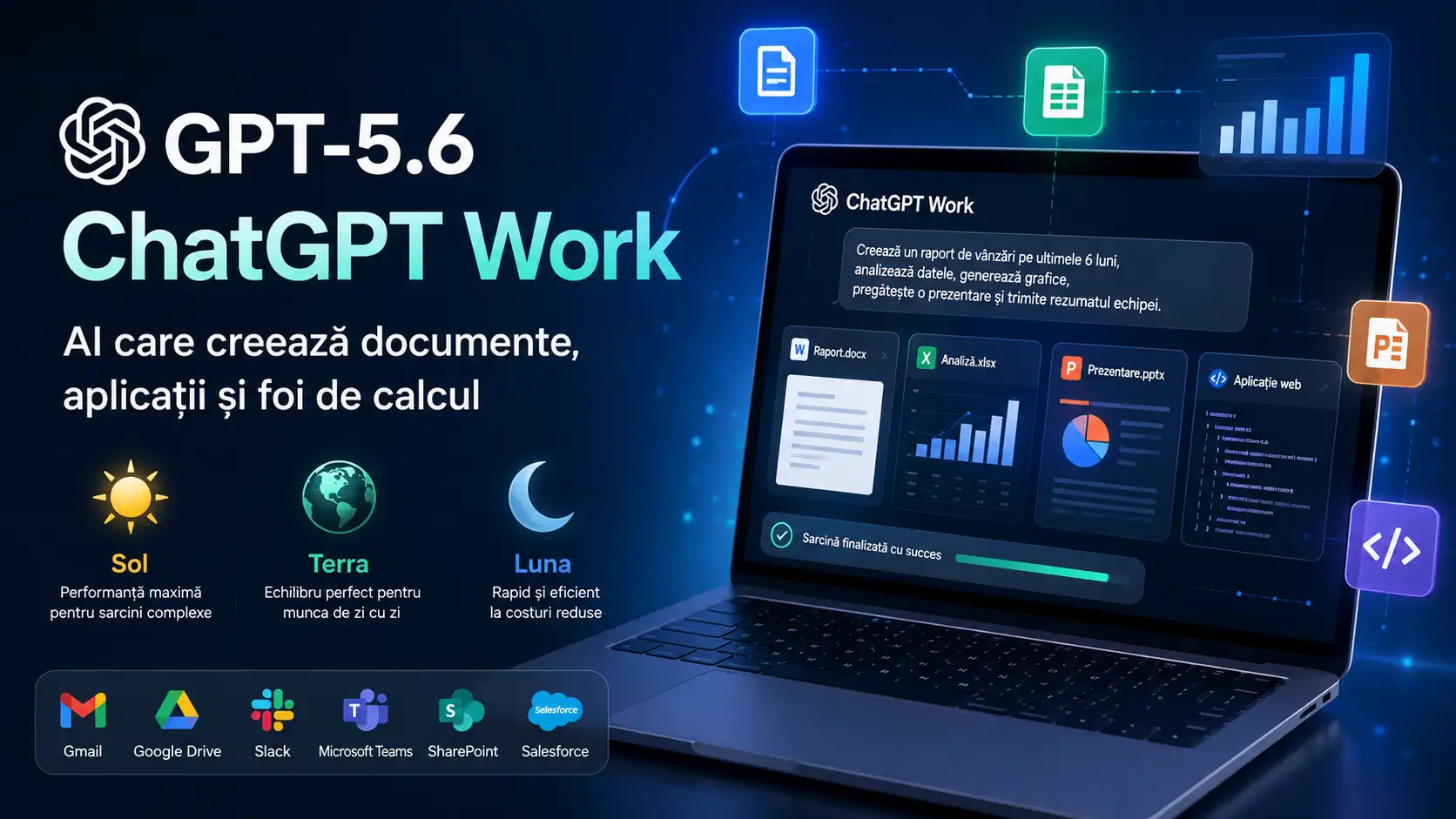 OpenAI lansează GPT-5.6 și ChatGPT Work, platforma AI care creează documente, aplicații, foi de calcul și automatizează fluxuri de lucru complexe.